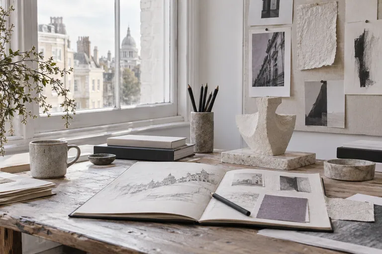 A creative workspace study with sketches, paper samples and a small model.