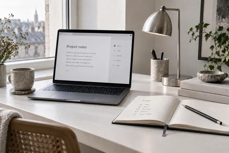 A document workspace beside a handwritten task checklist.