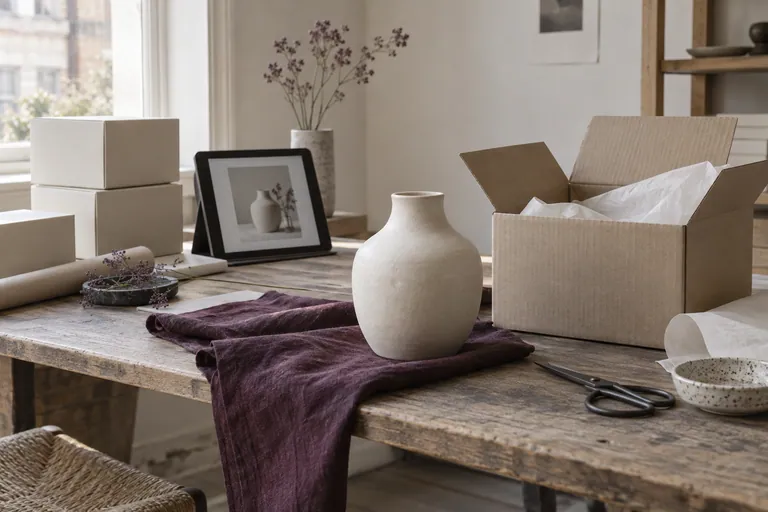 Ceramic products, tissue and packaging arranged for an online store.