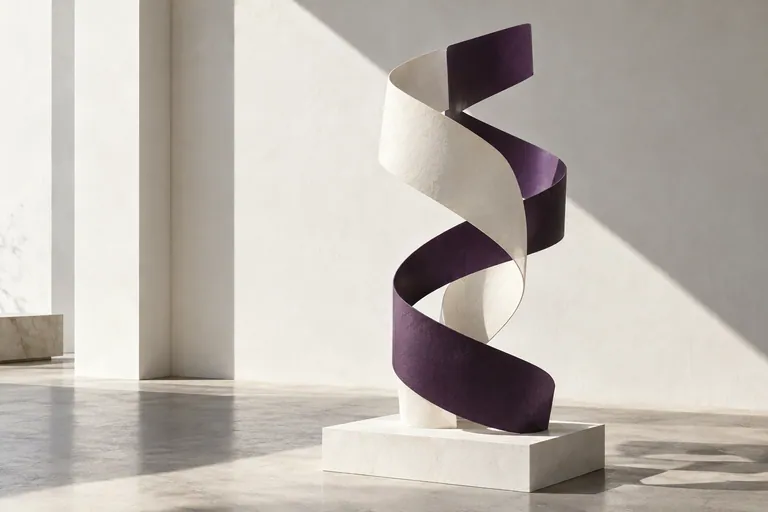 Ivory and aubergine ribbons form a sculptural helix in a sunlit gallery.