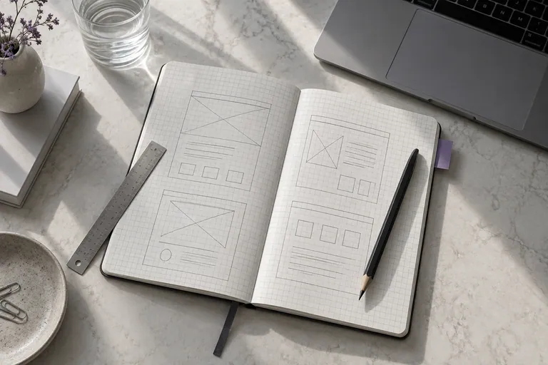 Website wireframe sketches in a notebook beside a metal ruler.