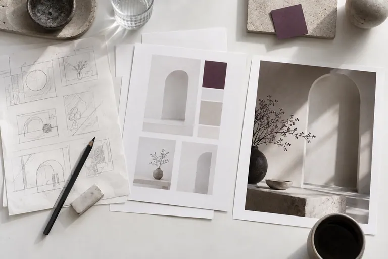 Pencil sketches, paper layouts and a finished photographic print.