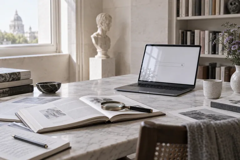 Reference books and a magnifying glass beside a search screen.