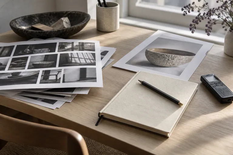 An editor’s notebook, contact sheets and voice recorder.