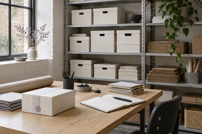 An organised small-business packing and filing station.