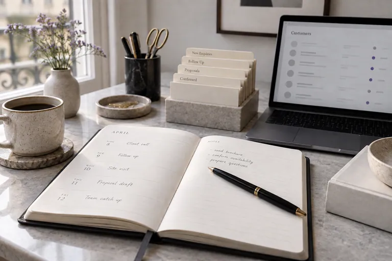 An appointment diary and organised enquiry cards on a desk.