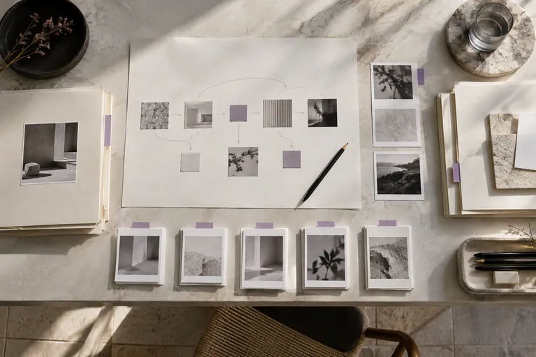 Folders and paper studies arranged into an orderly workflow.